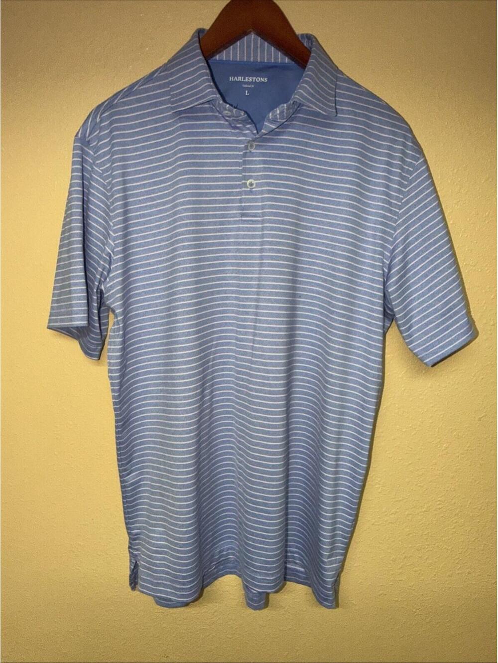 Harlestons Men's Blue White Striped Short Sleeve Tailored Fit Polo, Size Large